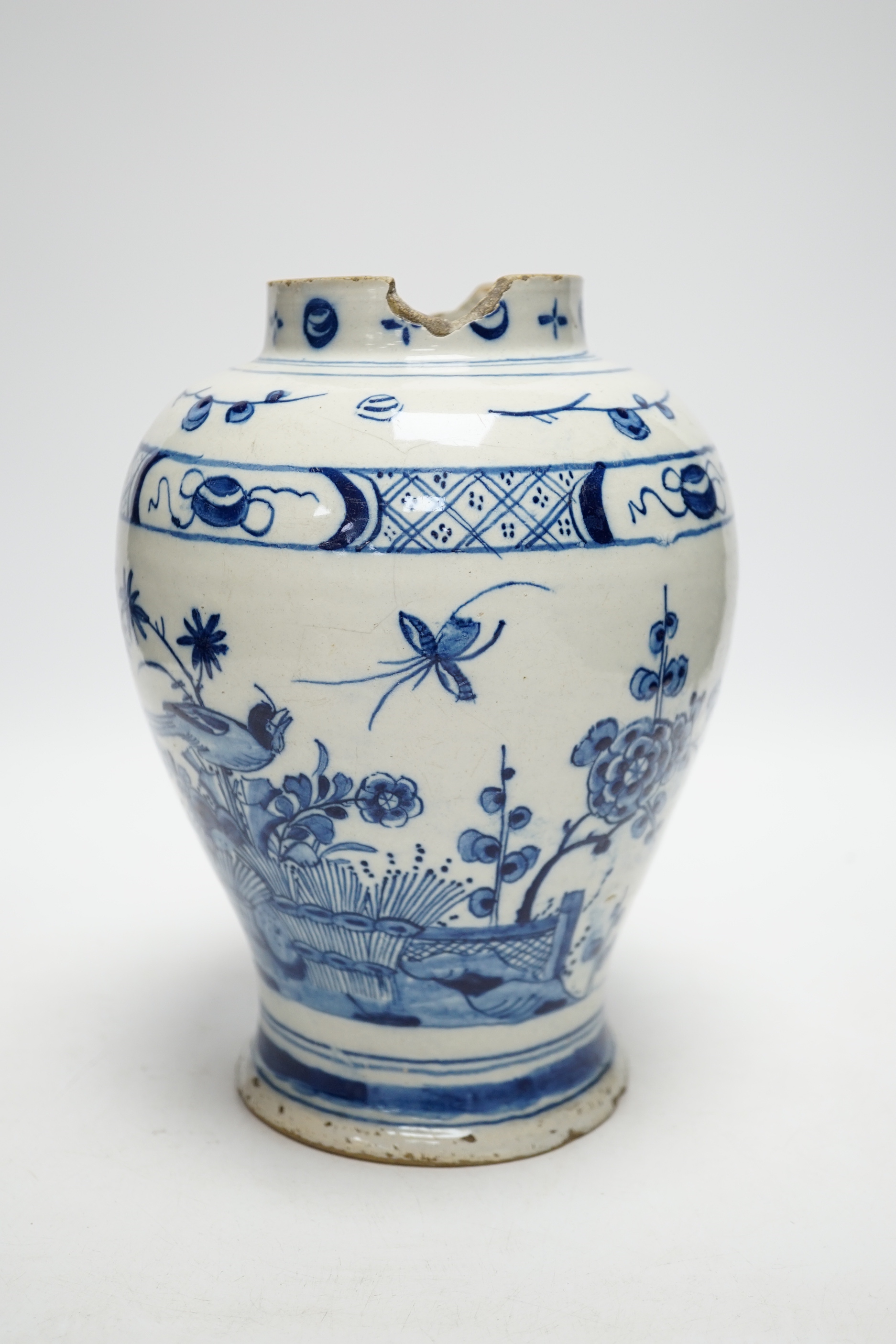 An 18th century Delft Chinese style vase, 23cm